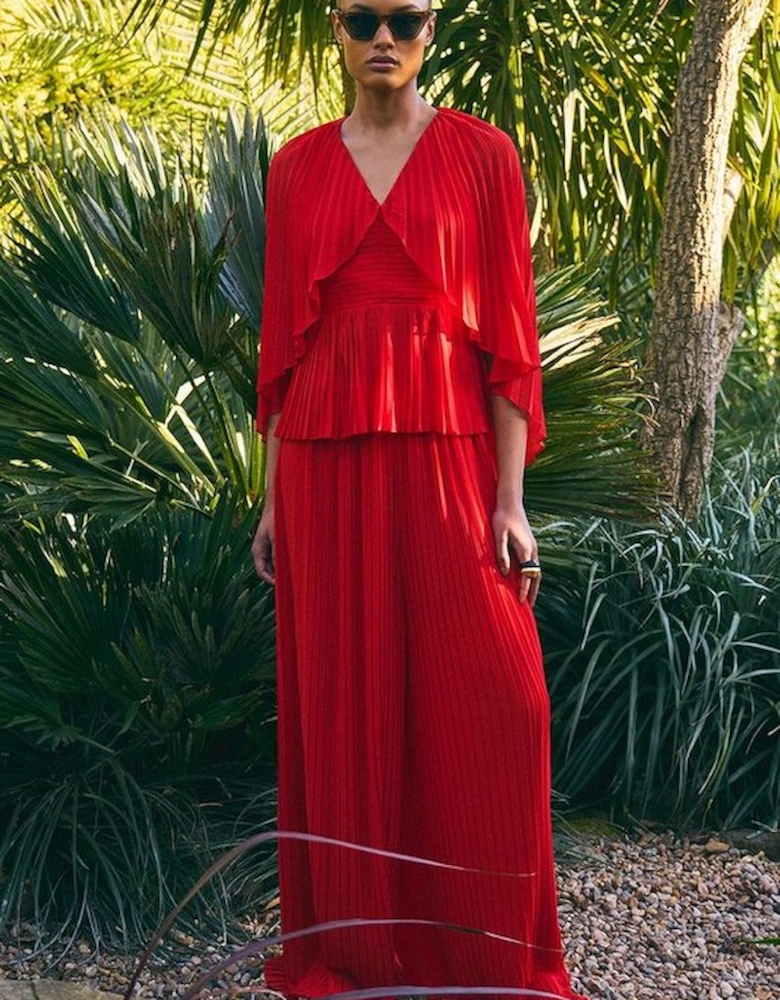 Pleated Cape Sleeve Plunge Neck Woven Top
