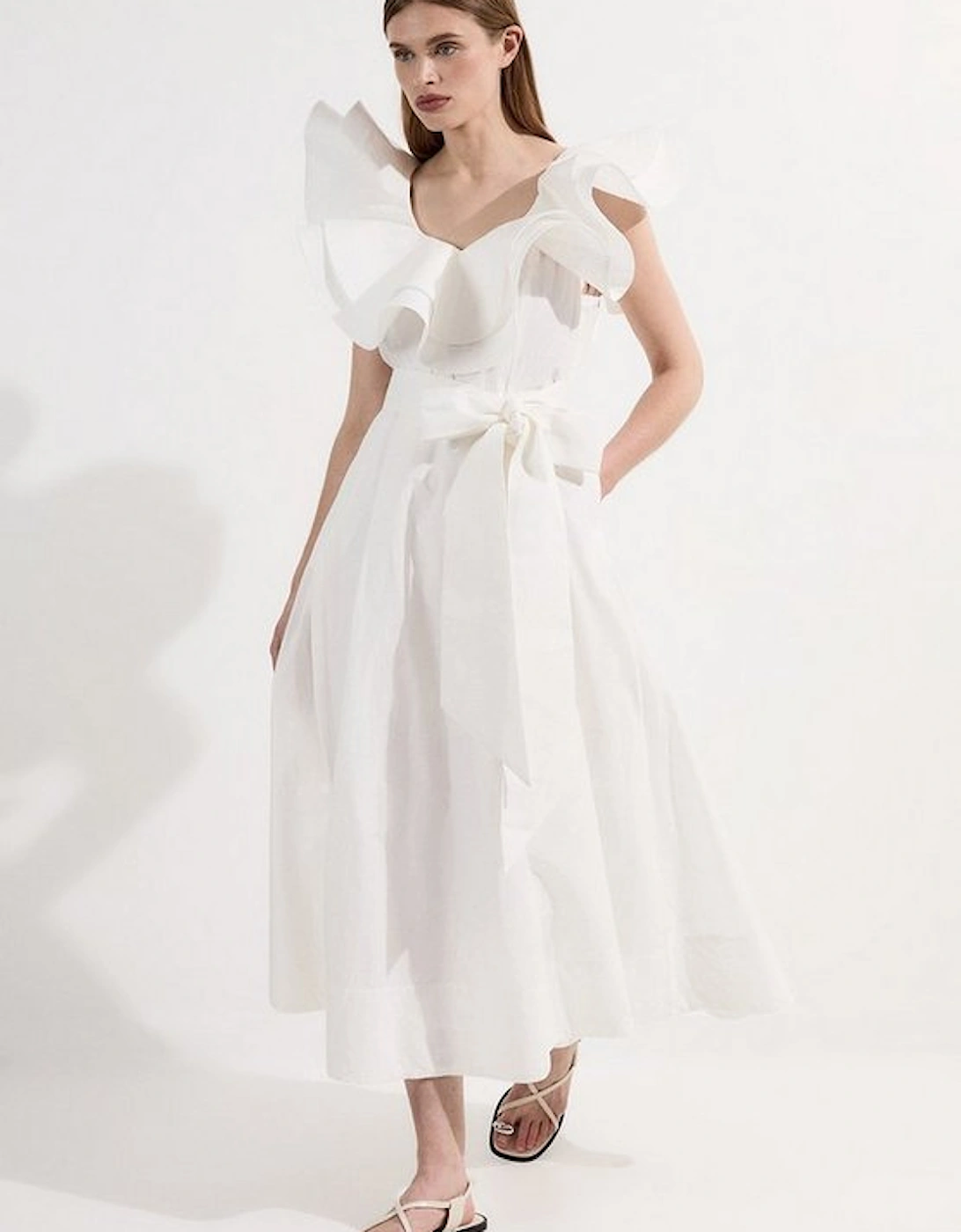 Cotton Poplin Structured Ruffle Tie Belt Woven Midi Dress, 4 of 3
