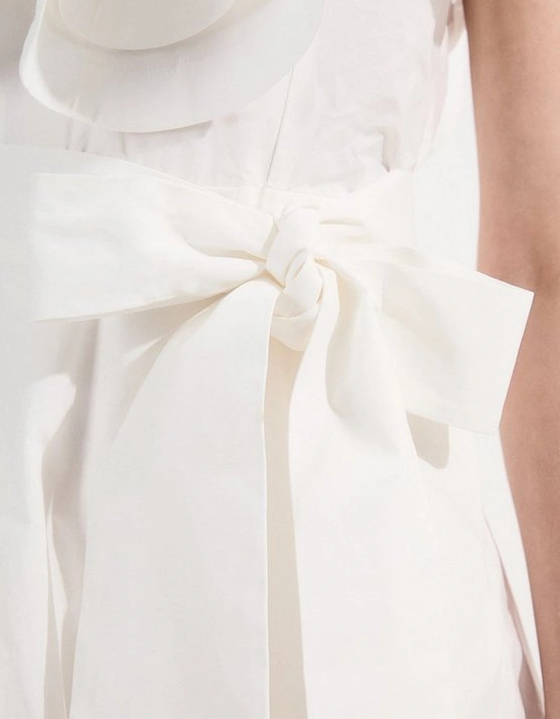 Cotton Poplin Structured Ruffle Tie Belt Woven Midi Dress
