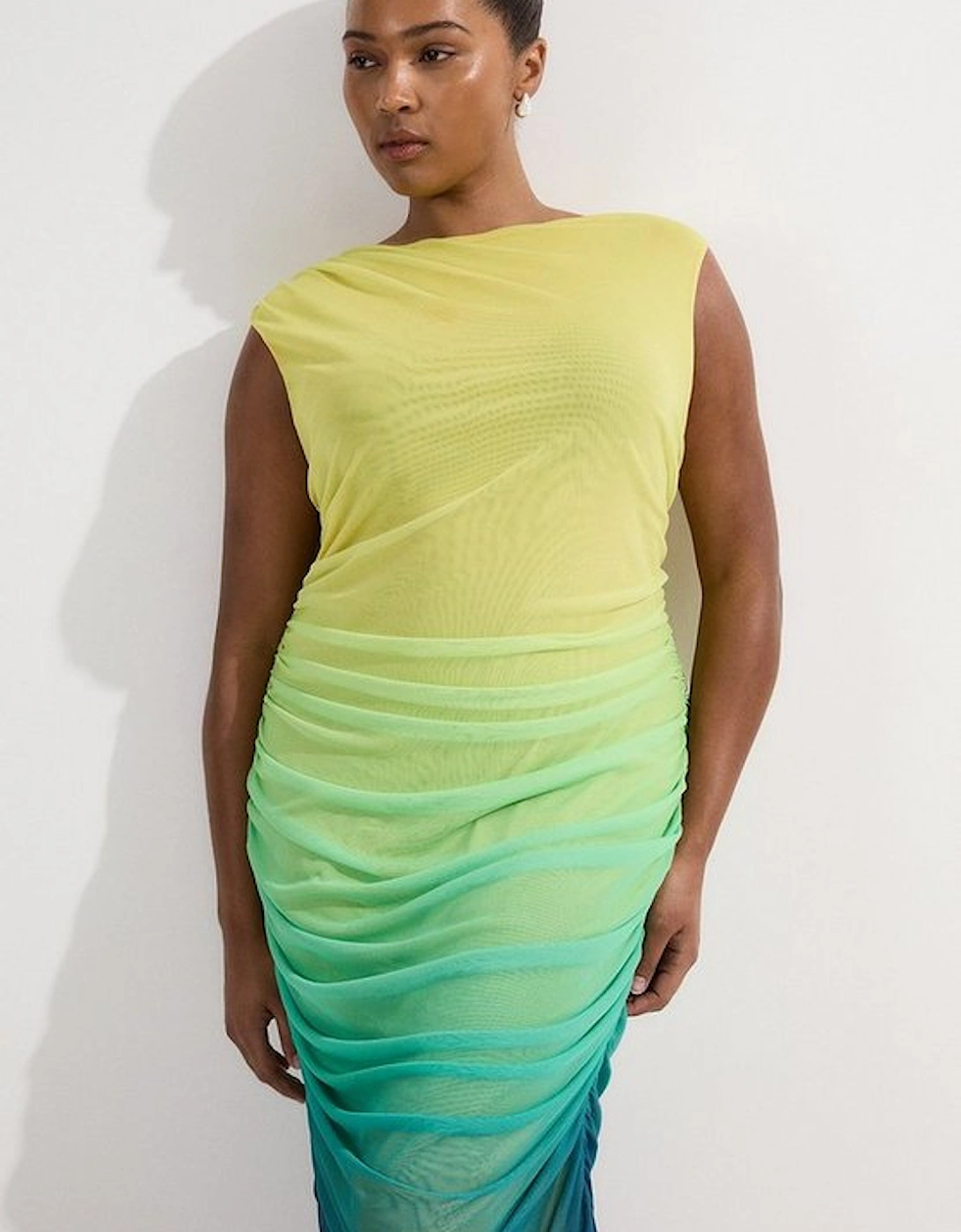 Plus Size Sunset Ombre Mesh Ruched Jersey Maxi Dress, 5 of 4