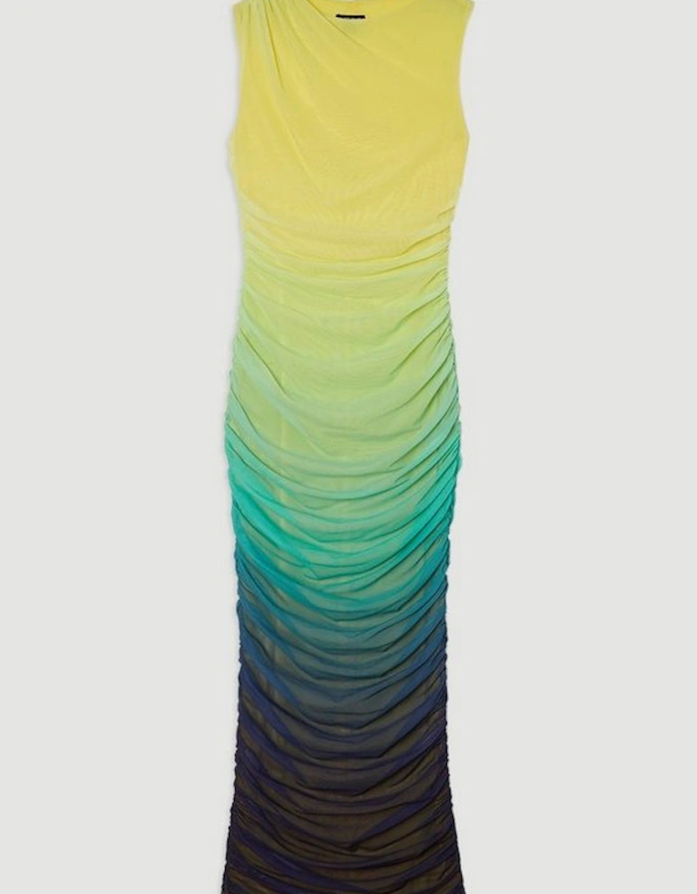 Plus Size Sunset Ombre Mesh Ruched Jersey Maxi Dress