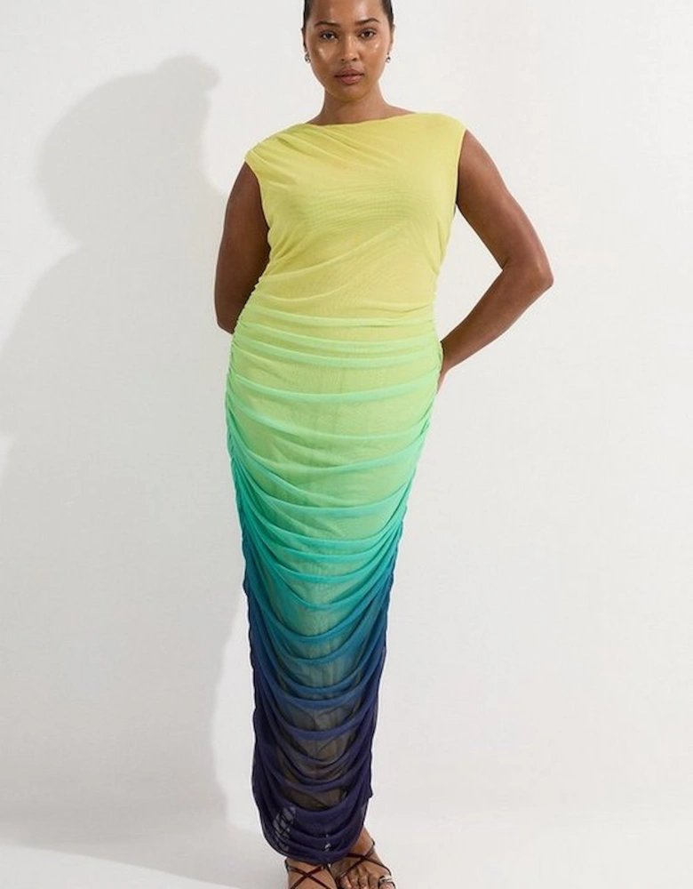 Plus Size Sunset Ombre Mesh Ruched Jersey Maxi Dress