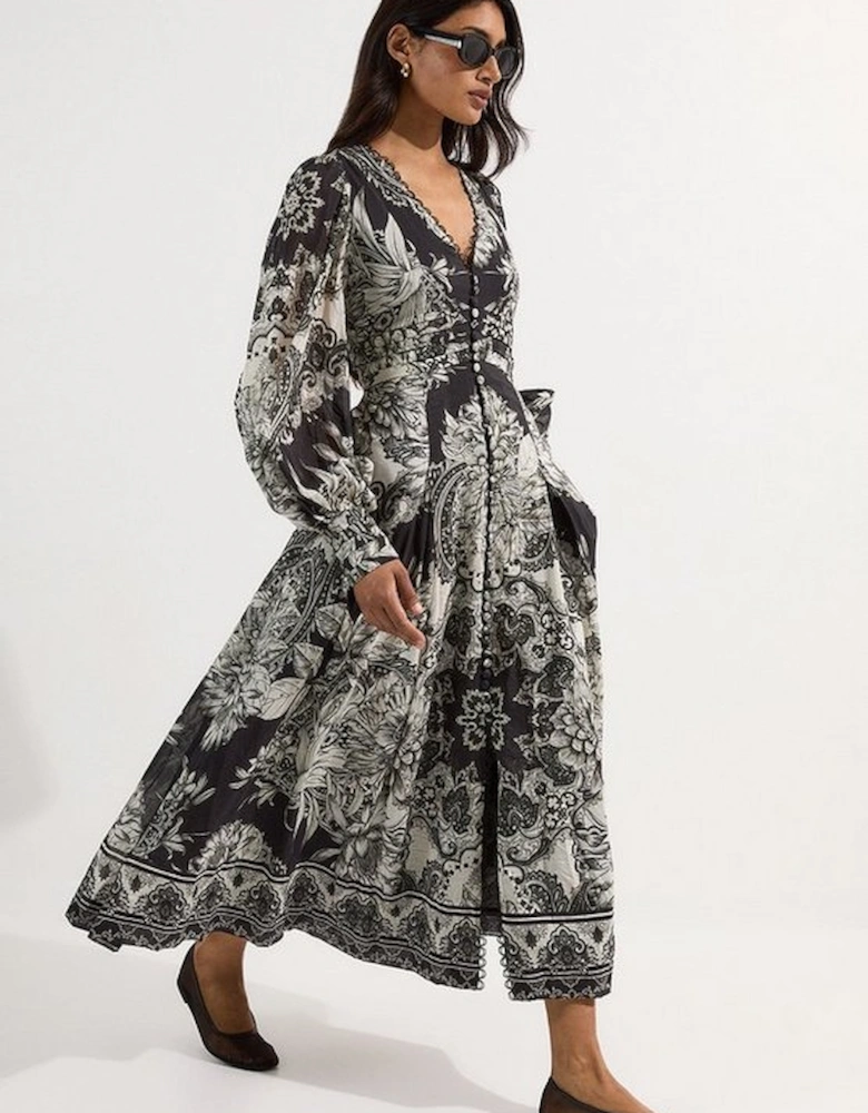 Tile Silk Cotton Plunge Woven Maxi Dress