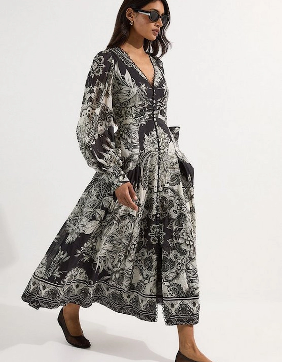 Tile Silk Cotton Plunge Woven Maxi Dress, 4 of 3