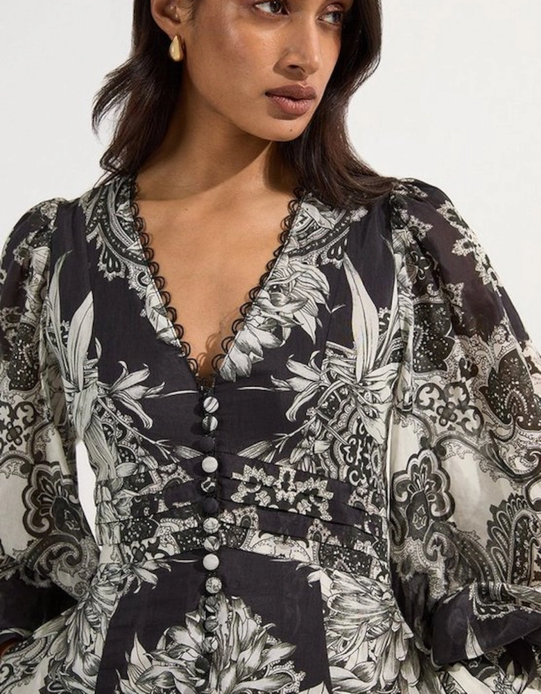 Tile Silk Cotton Plunge Woven Maxi Dress