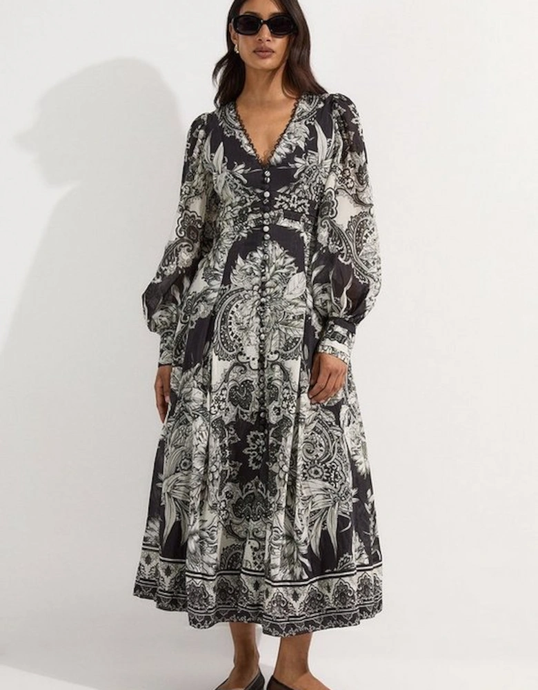 Tile Silk Cotton Plunge Woven Maxi Dress