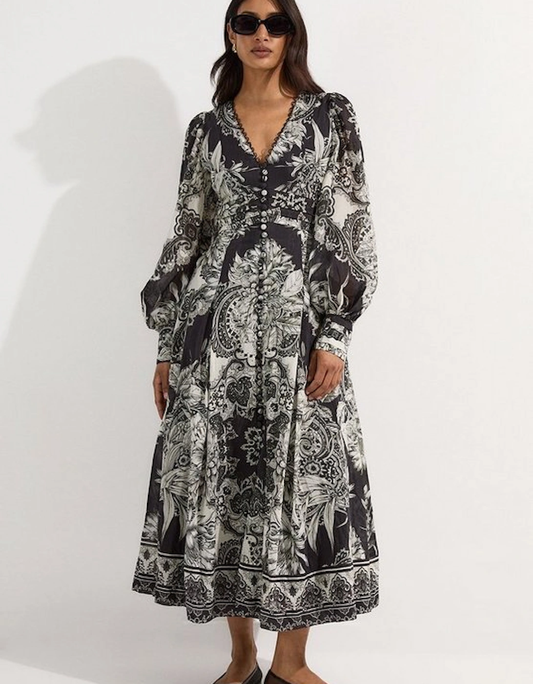 Tile Silk Cotton Plunge Woven Maxi Dress