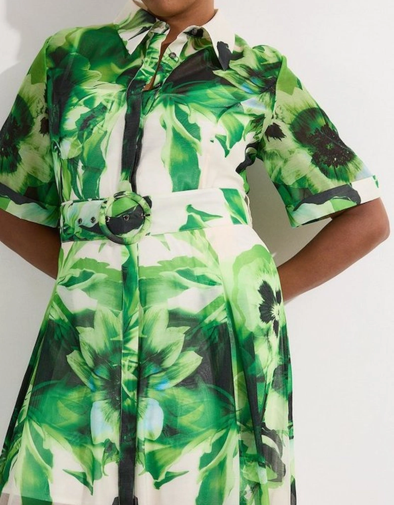 Plus Size Floral Organdie Woven Midi Shirt Dress