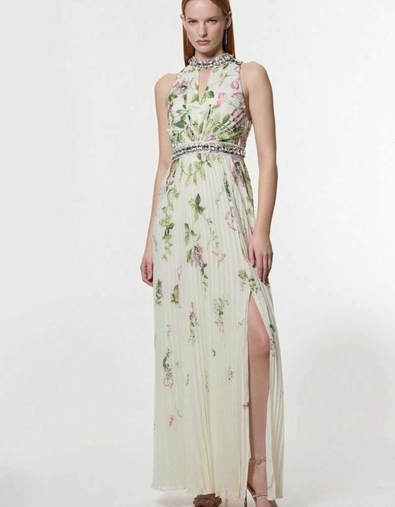 Petite Floral Halter Diamante Enamel Trim Woven Pleated Split Maxi Dress