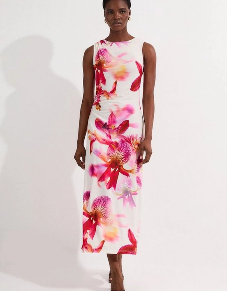 Abstract Floral Printed Jersey Crepe Midi Dress