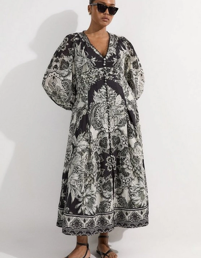 Plus Size Tile Silk Cotton Plunge Woven Maxi Dress