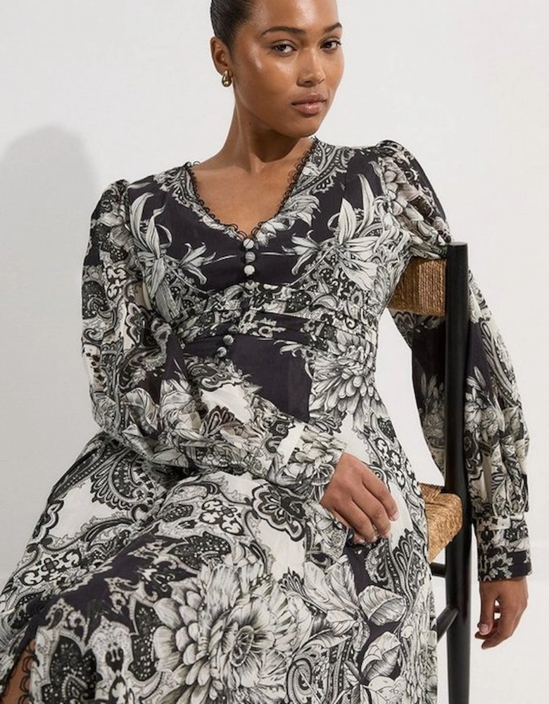 Plus Size Tile Silk Cotton Plunge Woven Maxi Dress