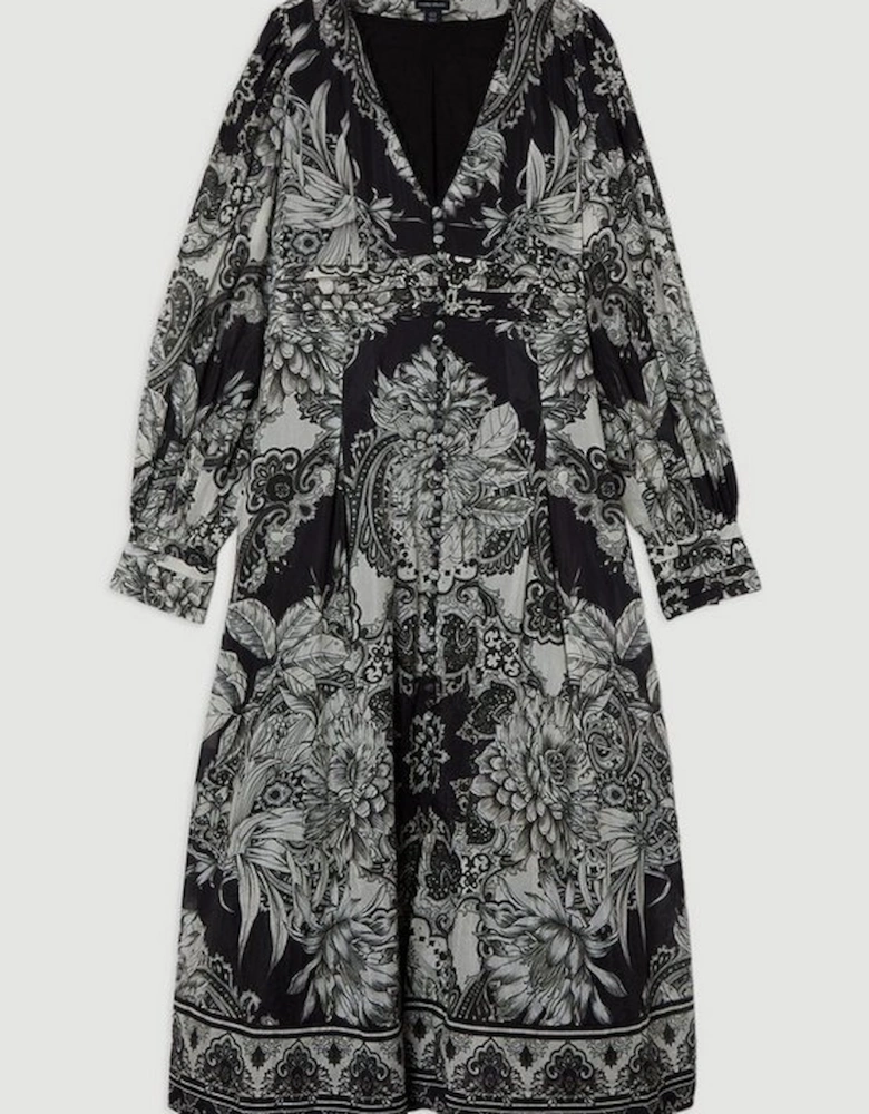Plus Size Tile Silk Cotton Plunge Woven Maxi Dress