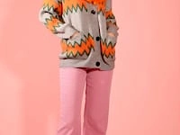 Grey and Orange Banana Peel Cardigan with Faux Fur Collar