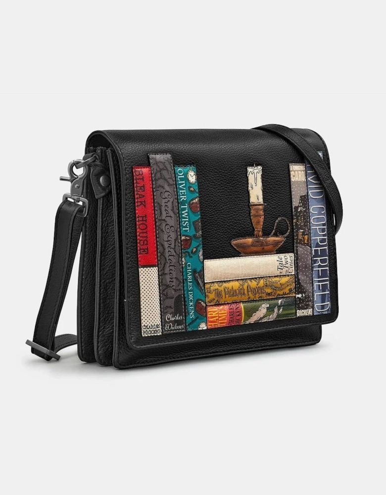 Dickens Bookworm Multi Gusset Flap over Handbag in black