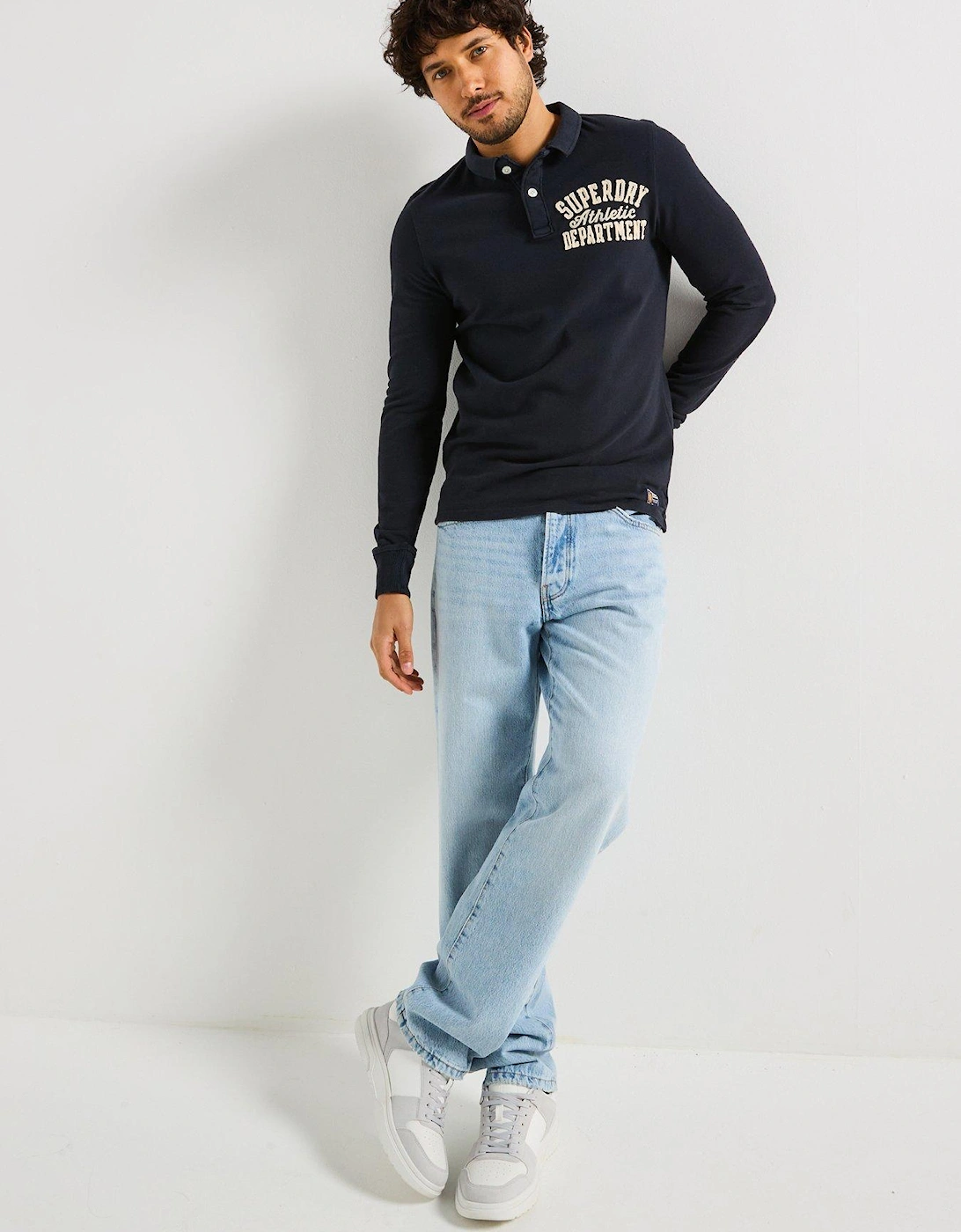 Long Sleeve Vintage Athletic Logo Polo Shirt - Navy
