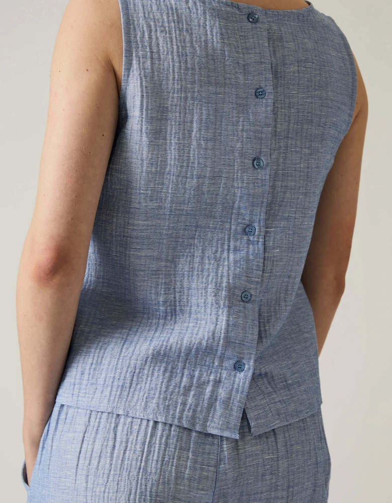 Blue Sleeveless Back Button Top