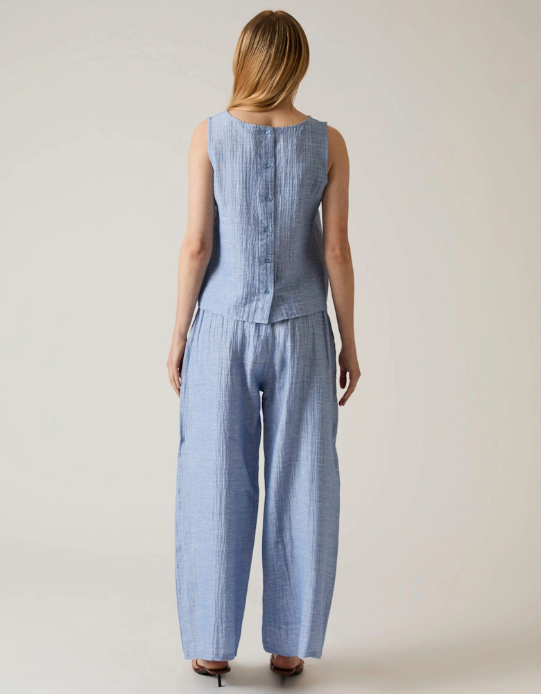 Blue Sleeveless Back Button Top