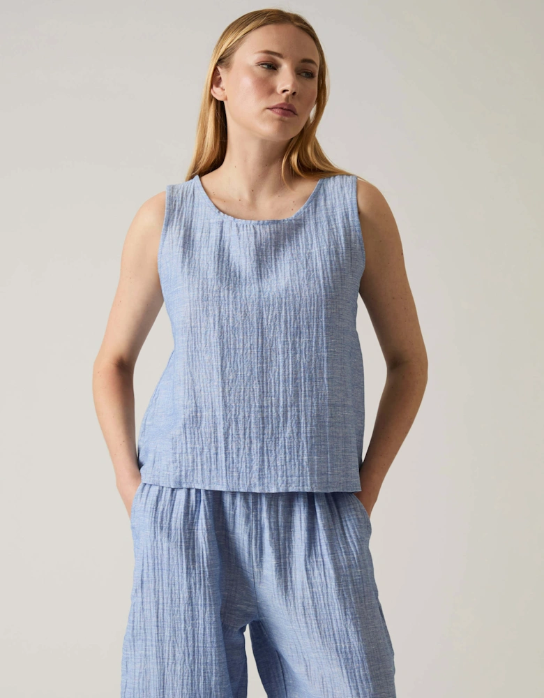 Blue Sleeveless Back Button Top