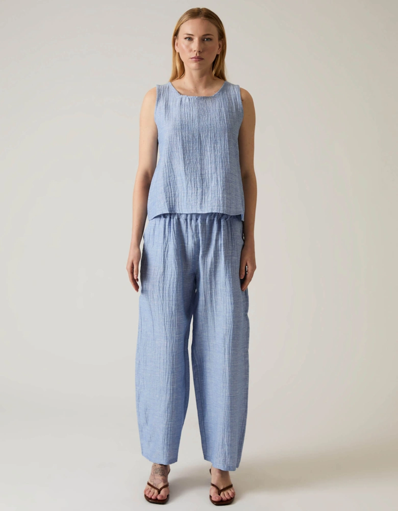 Blue Sleeveless Back Button Top