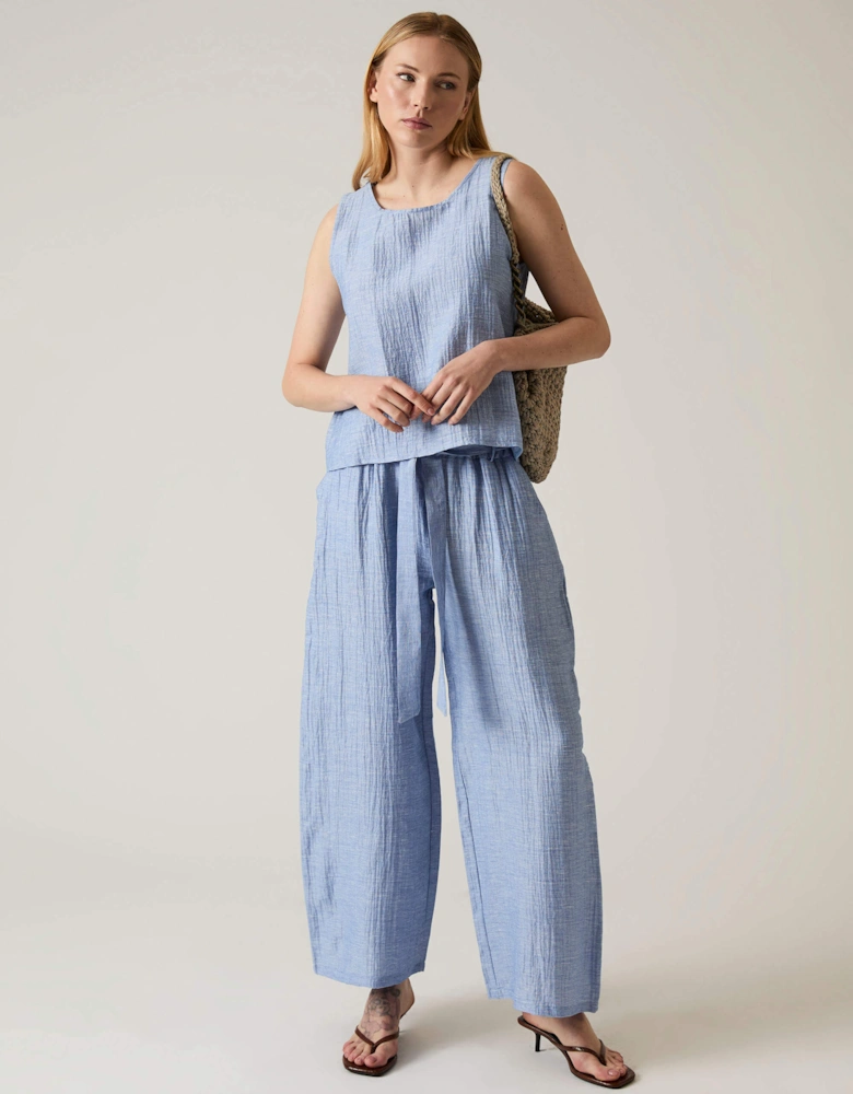 Blue Sleeveless Back Button Top