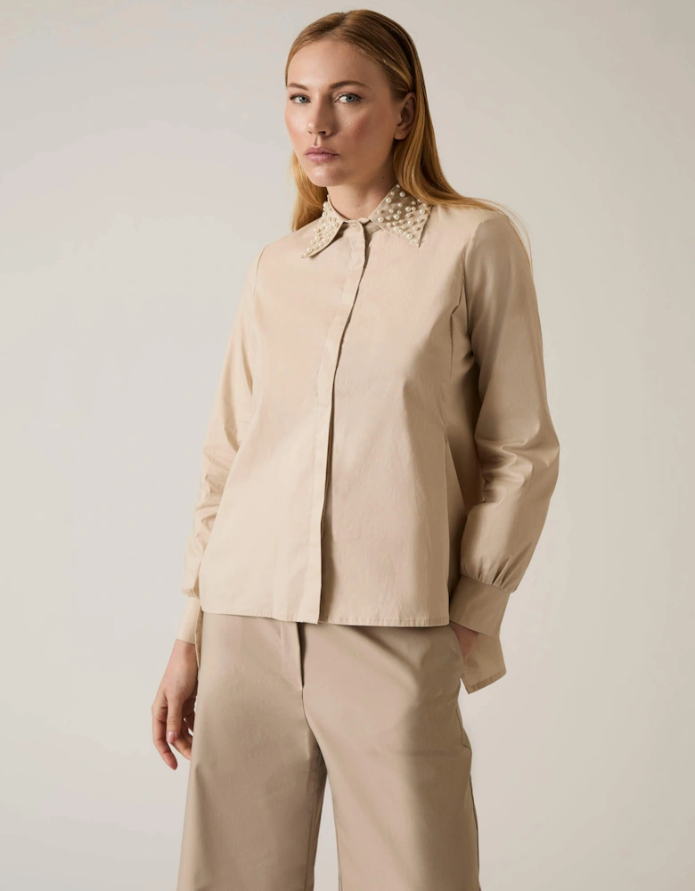 Pearl Collar Beige Cotton Shirt