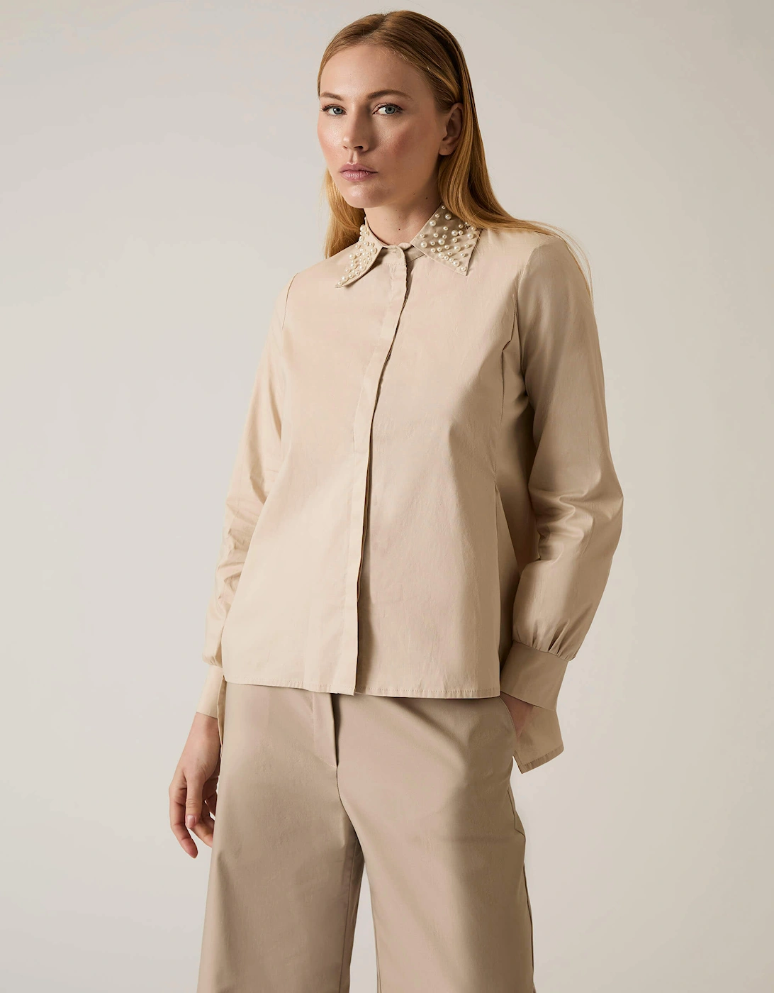 Pearl Collar Beige Cotton Shirt