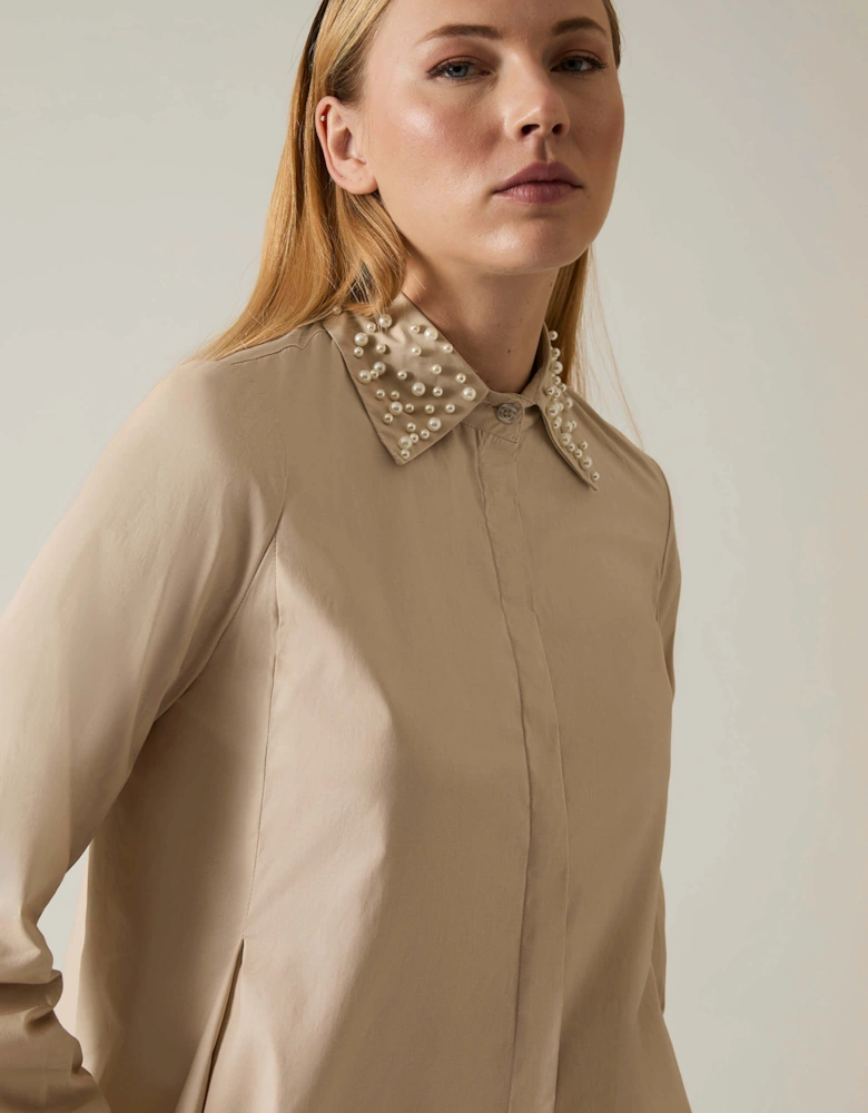 Pearl Collar Beige Cotton Shirt