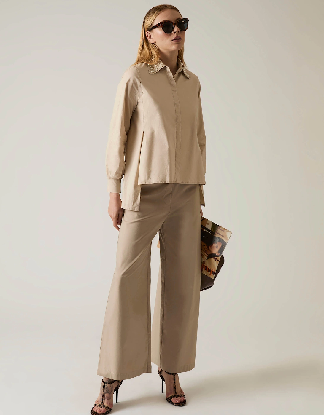 Pearl Collar Beige Cotton Shirt
