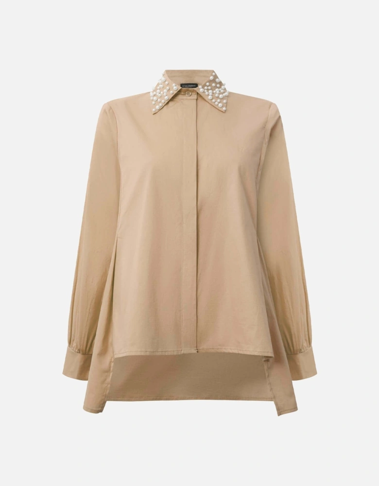 Pearl Collar Beige Cotton Shirt