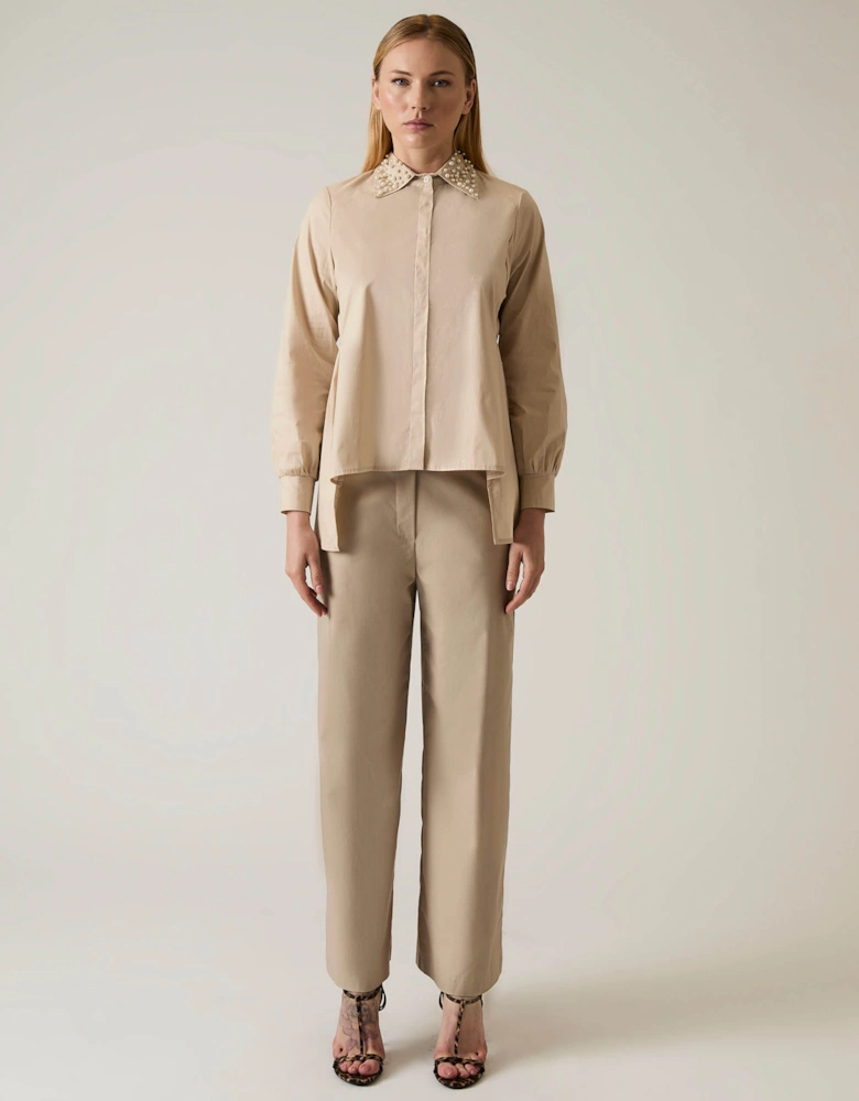 Pearl Collar Beige Cotton Shirt