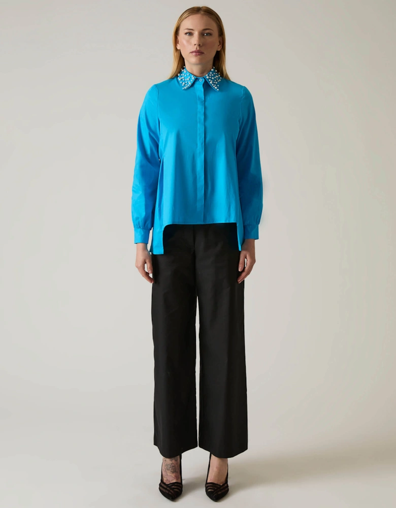Pearl Collar Turquoise Cotton Shirt