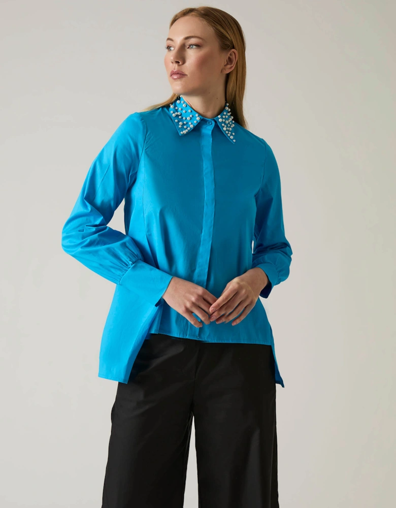 Pearl Collar Turquoise Cotton Shirt