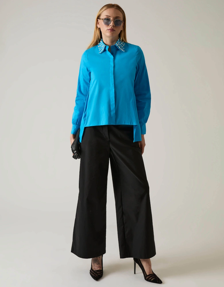 Pearl Collar Turquoise Cotton Shirt
