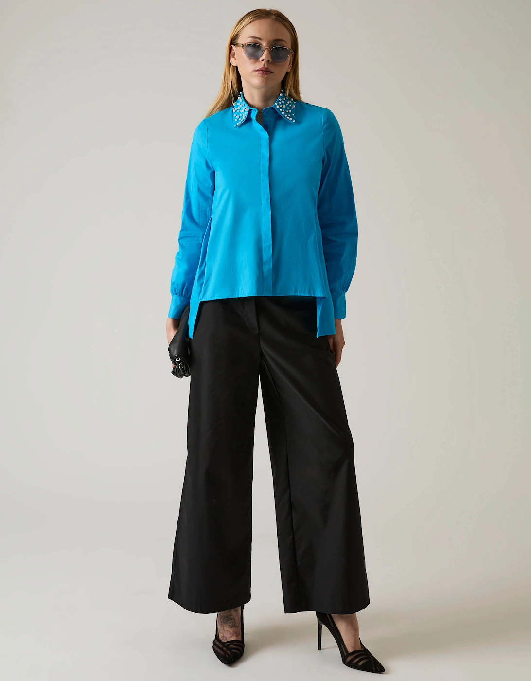 Pearl Collar Turquoise Cotton Shirt