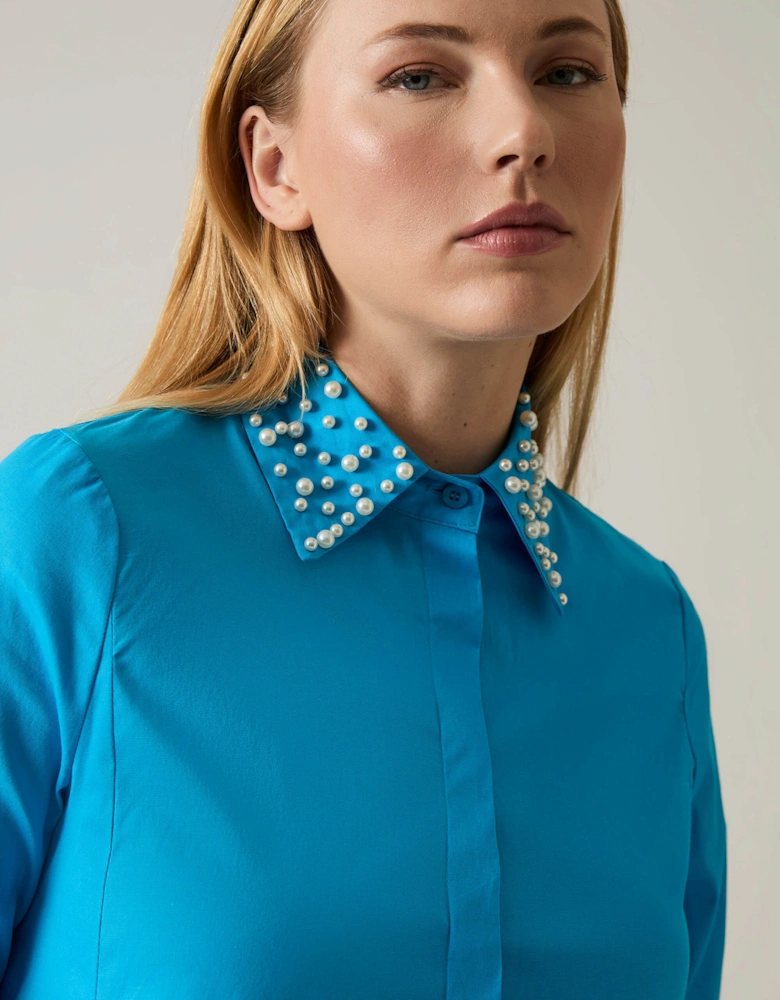 Pearl Collar Turquoise Cotton Shirt