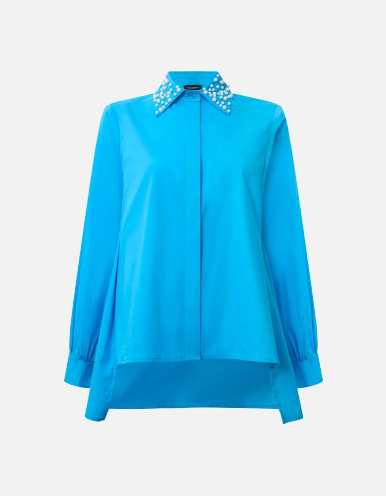 Pearl Collar Turquoise Cotton Shirt