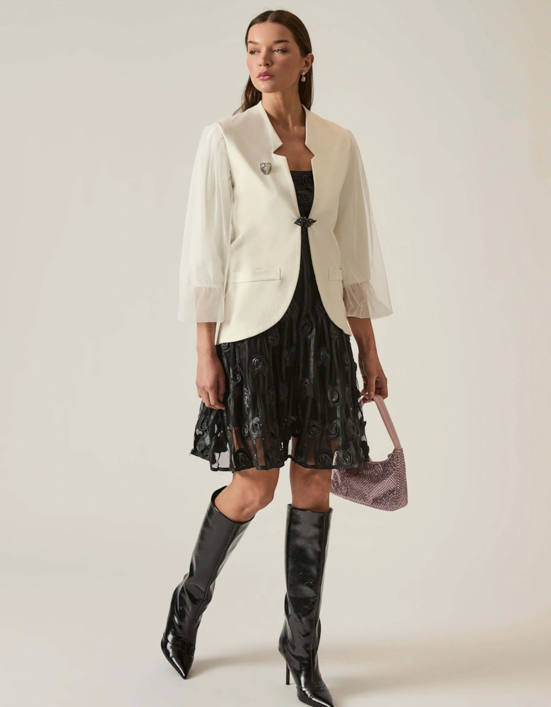Tulle Sleeve White Blazer