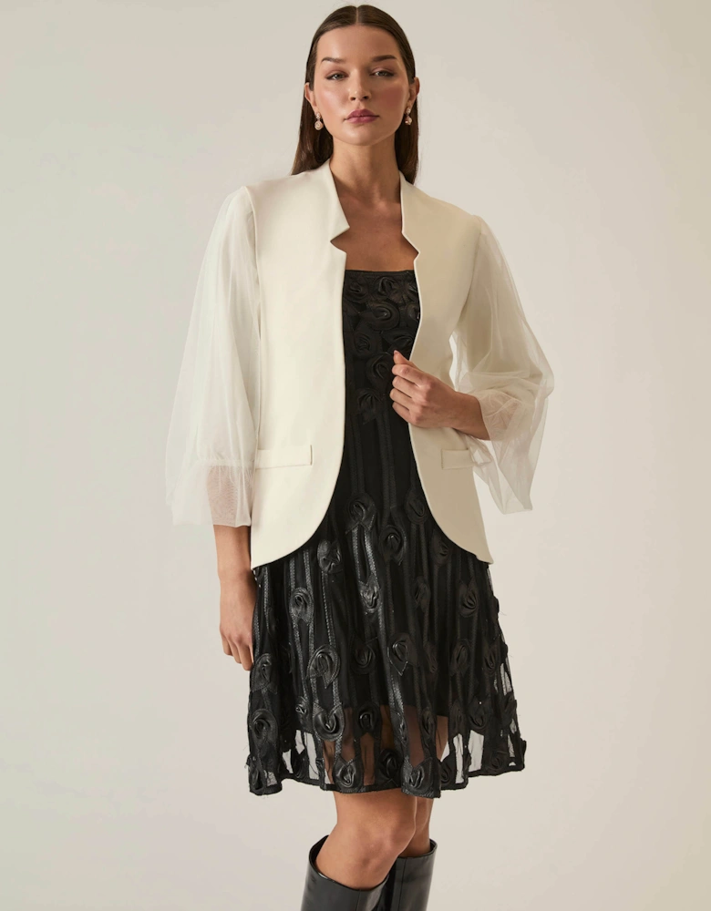 Tulle Sleeve White Blazer
