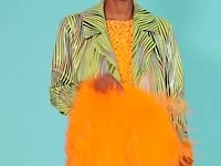 Orange Sequin Skater Skirt With Feather Trim