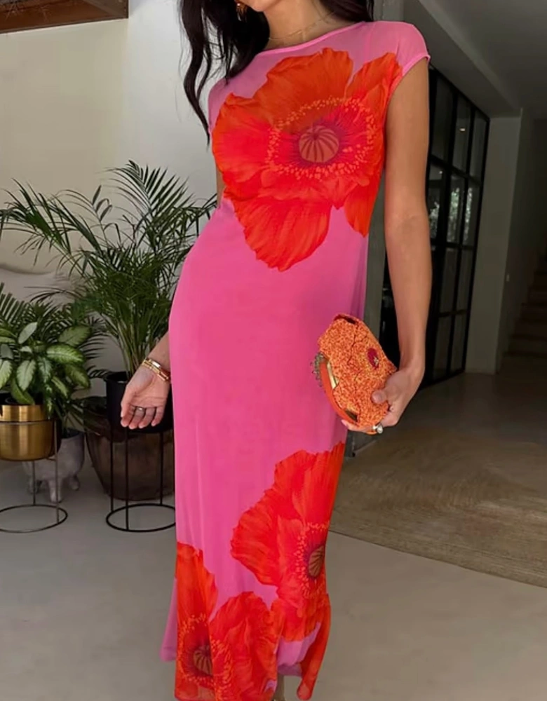 Pink poppy sleeveless mesh dress