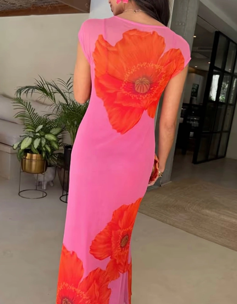 Pink poppy sleeveless mesh dress