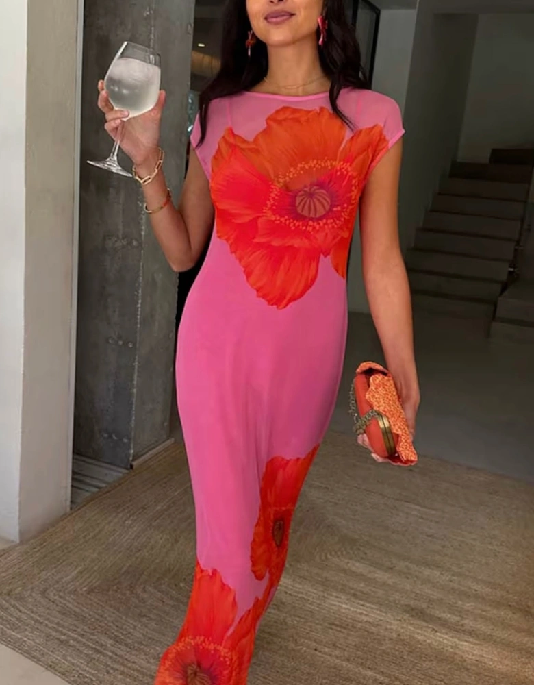 Pink poppy sleeveless mesh dress