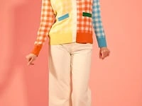 Cashmere Gingham Banana Peel Faux Fur Cardigan