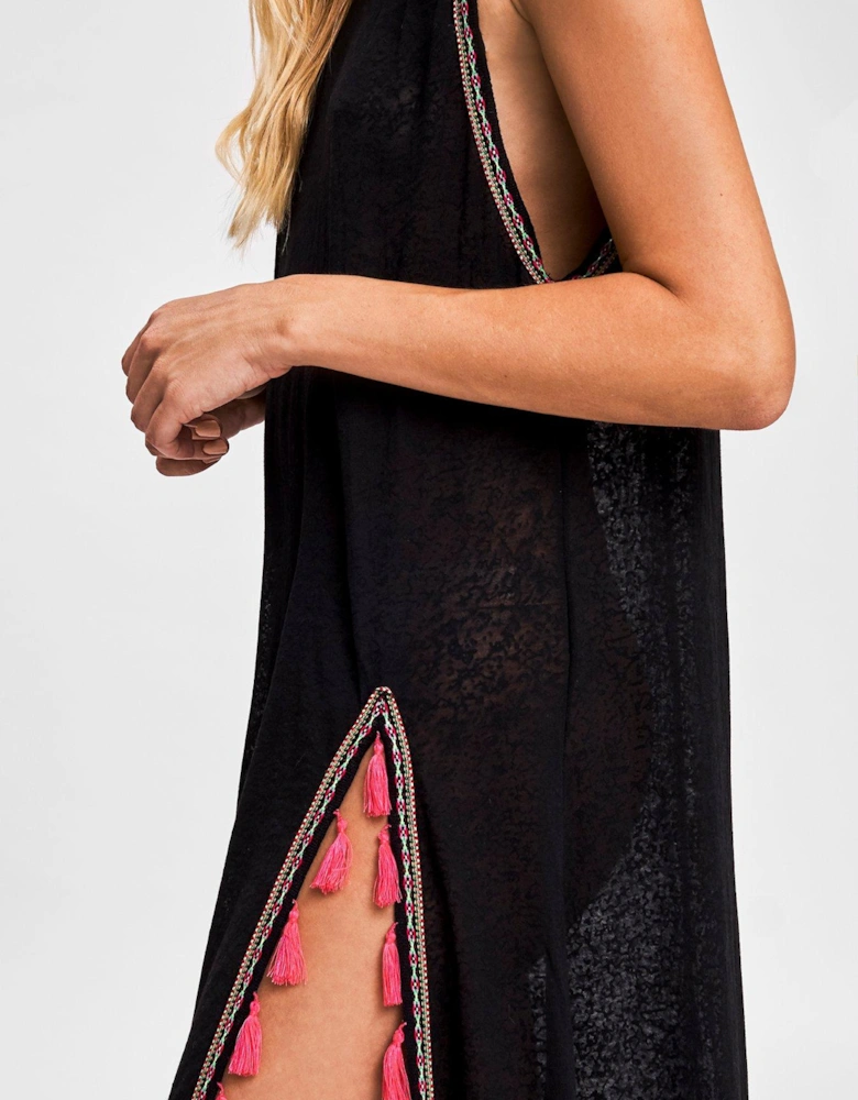 Tassel Slit Beach Dress - Black