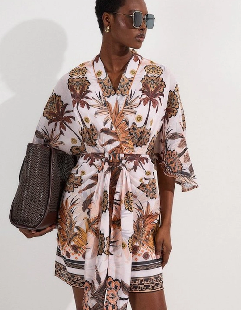 Abstract Print Cotton Kimono Sleeve Woven Mini Dress