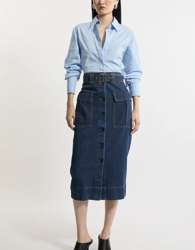Denim Cargo Pocket Belted Midi Skirt