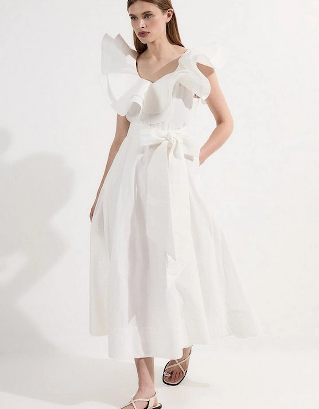 Petite Cotton Poplin Structured Ruffle Tie Belt Woven Midi Dress, 4 of 3