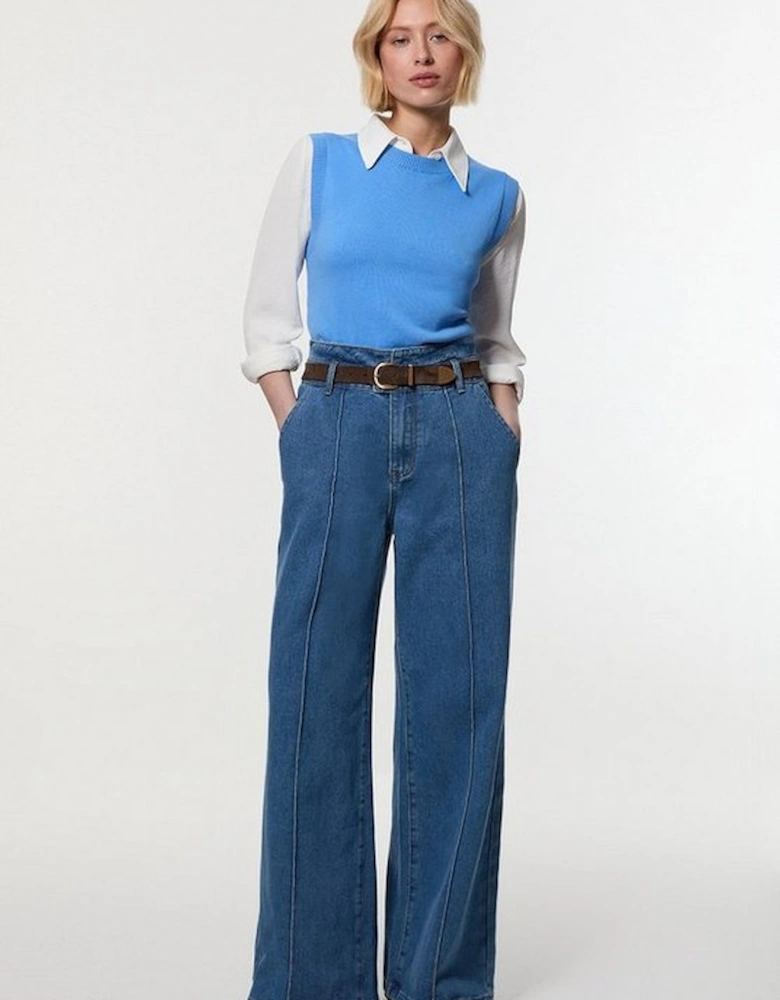 Petite Denim Waistband Detail Wide Leg Trousers