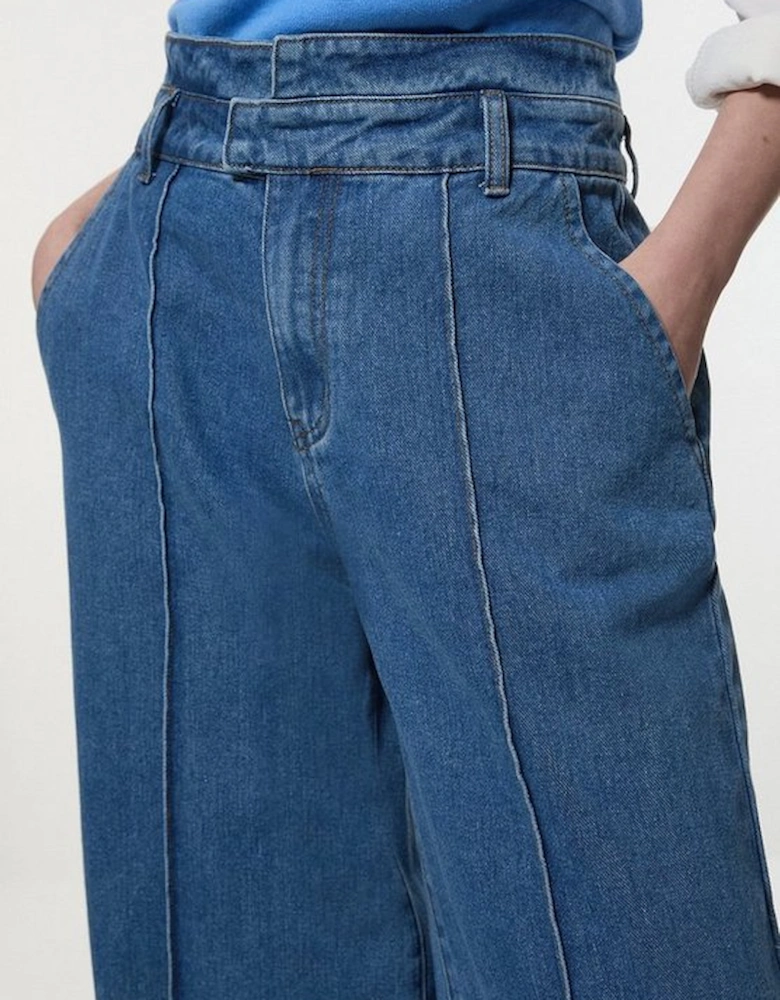 Petite Denim Waistband Detail Wide Leg Trousers